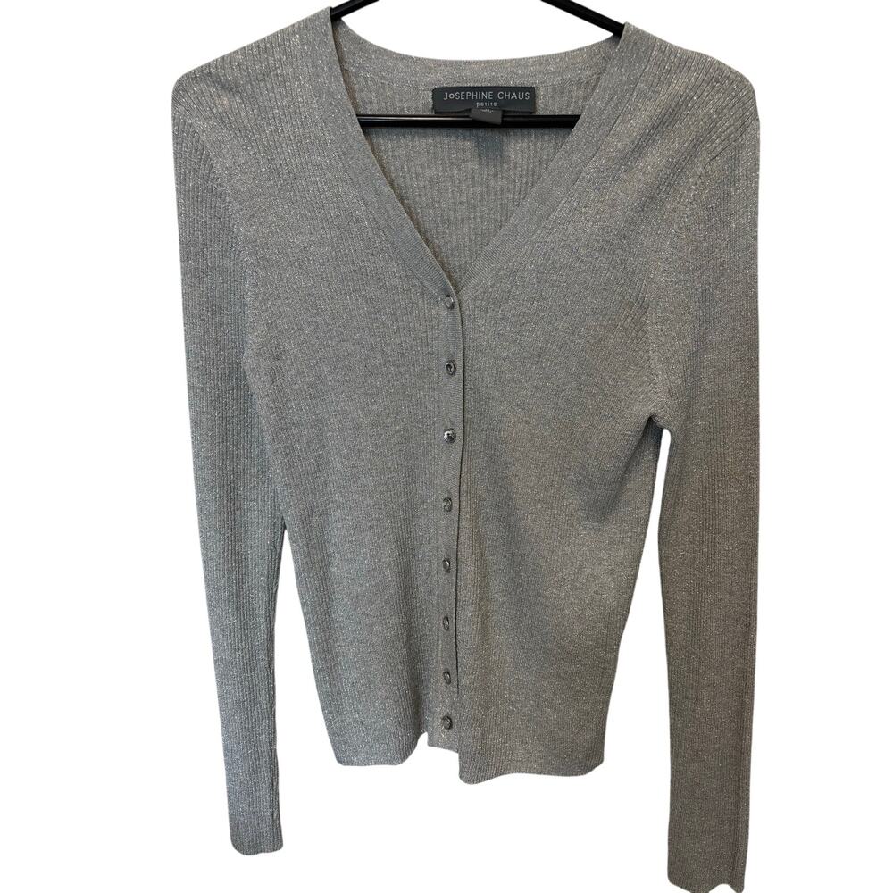 Josephine Chaus Metallic Silver Button-up Sweater Silk Blend Petite Large